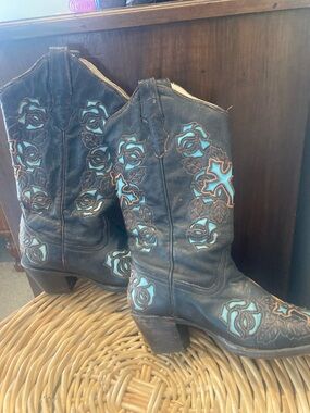 CORRAL R2482 Espresso brown & turquoise inlay crosses & roses cowgirl boots.